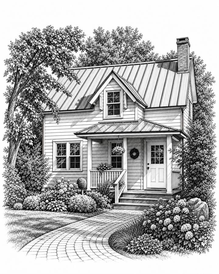 Black-and-white house sketch style example with detailed architectural lines
